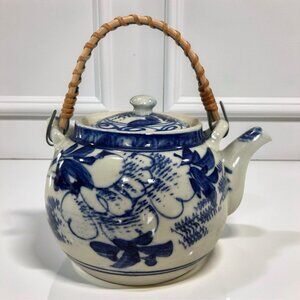 Antique Chinoiserie Blue and White Floral Chinese Teapot with Wooden Handle